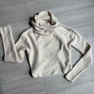 Free People Fuzzy Cropped Cowl Neck Sweater: Cream Boucle Alpaca Wool Blend